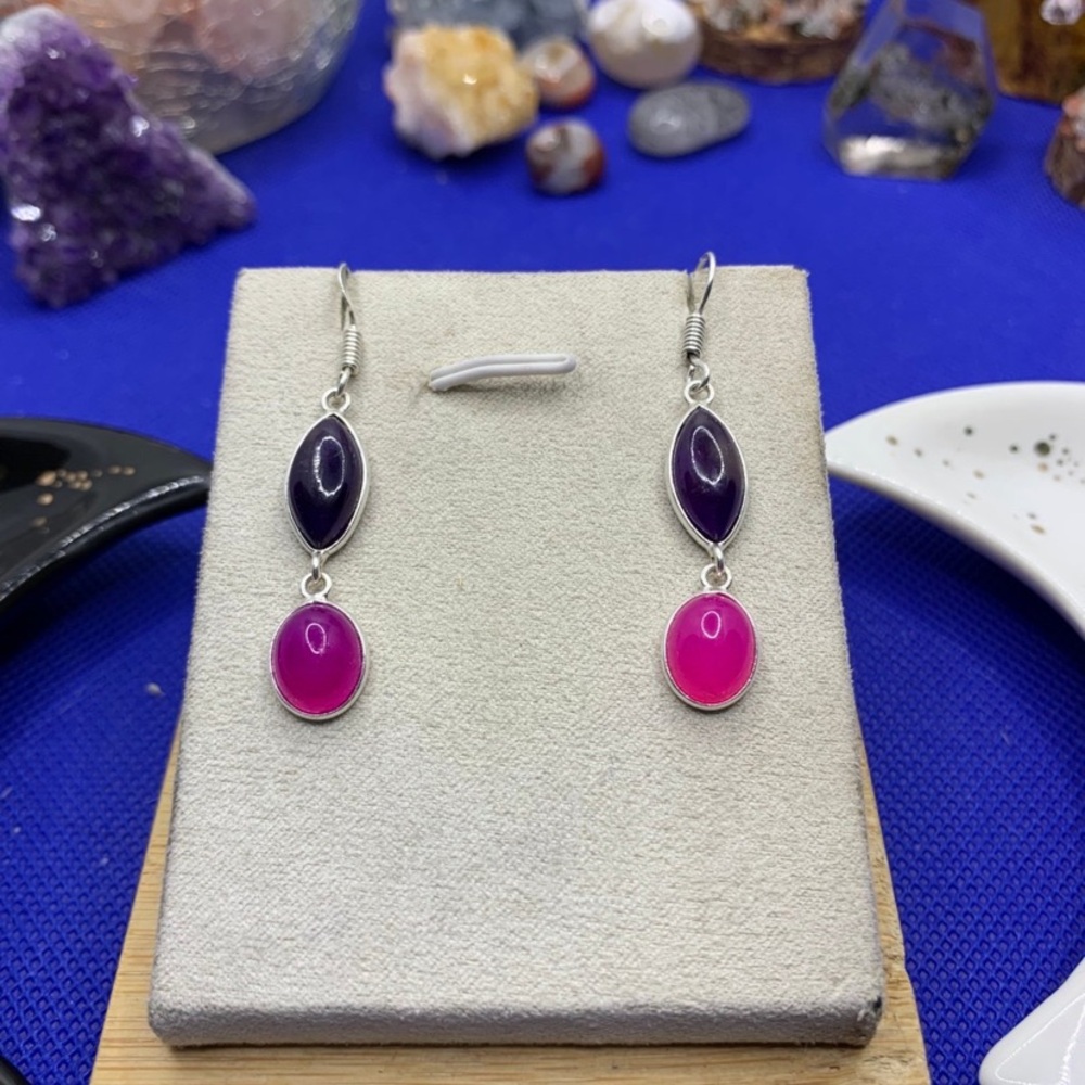 Bright & Beautiful 925 Sterling Silver Amethyst & Pink Agate Earrings! Handmade!